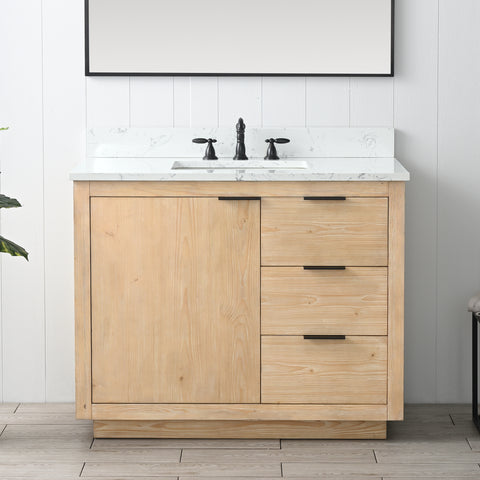 Brady 42" Mid-century Vanity Set with Carrara White Quartz Top - Teak White