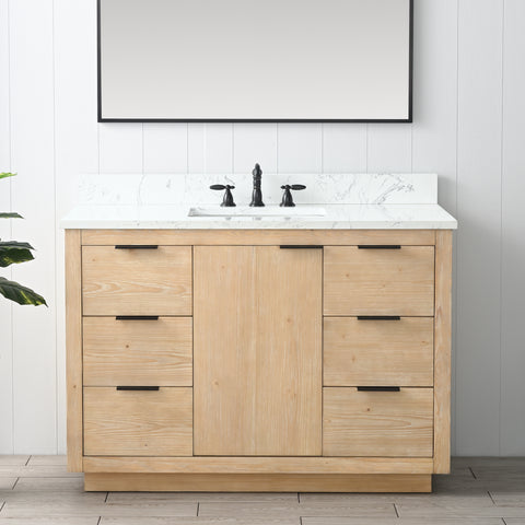 Brady 48" Mid-century Vanity Set with Carrara White Quartz Top - Teak White