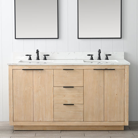 Brady 60" Mid-century Vanity Set with Carrara White Quartz Top - Teak White