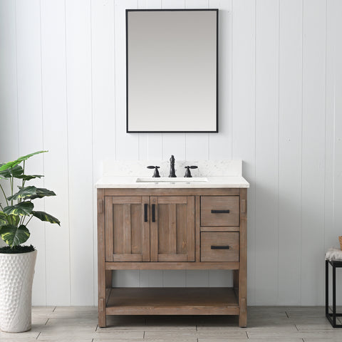 Harvey 36" Rustic Modern Farmhouse Vanity with Carrara White Top - Brown Spruce