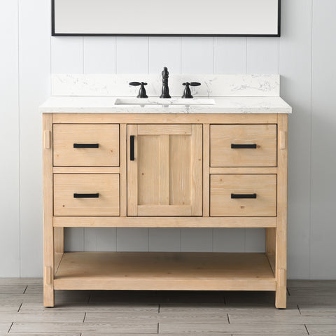 Harvey 42" Rustic Modern Farmhouse Vanity with Carrara White Top - Teak White