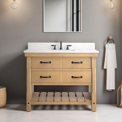 Jack 42" Rustic Modern Farmhouse Vanity with Carrara White Top - Natural