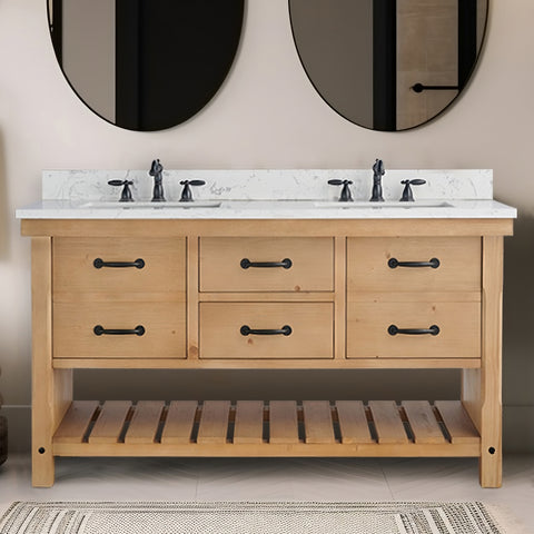 Jack 60" Rustic Modern Farmhouse Vanity with Carrara White Top - Natural