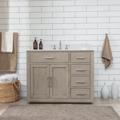Grace 42" Mid-century Vanity Set with Carrara White Top - Antique Gray Oak