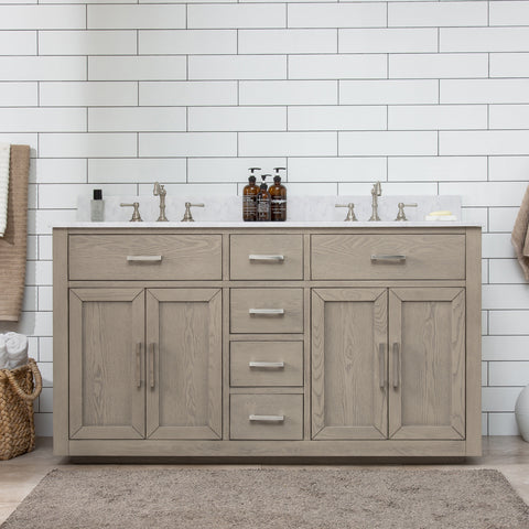Grace 60" Mid-century Vanity Set with Carrara White Top - Antique Gray Oak