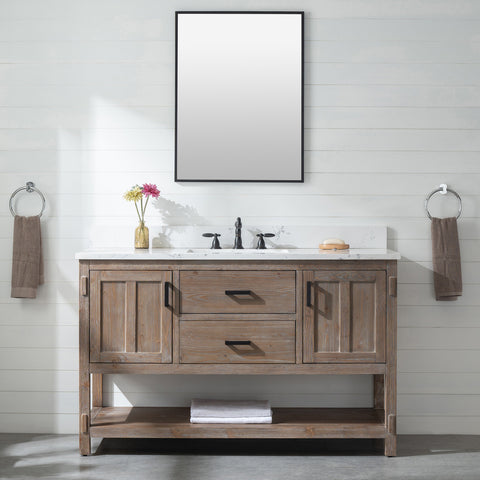 Harvey 54" Rustic Modern Farmhouse Vanity with Carrara White Top - Brown Spruce