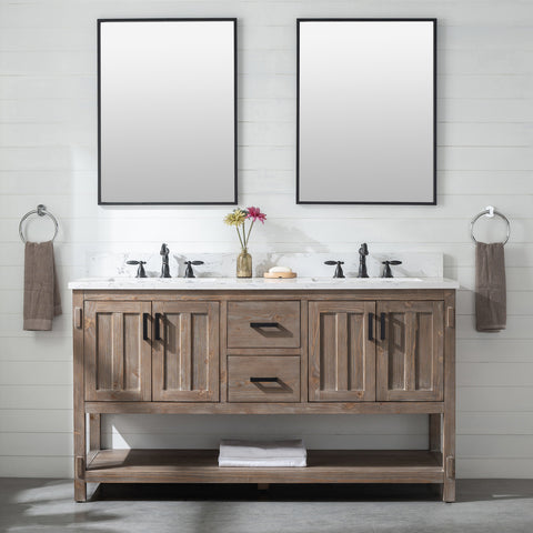 Harvey 60" Rustic Modern Farmhouse Vanity with Carrara White Top - Brown Spruce