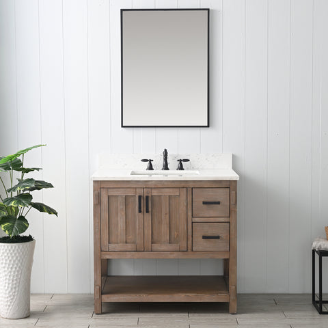 Harvey 36" Rustic Modern Farmhouse Vanity with Carrara White Top - Brown Spruce (SOLD OUT)